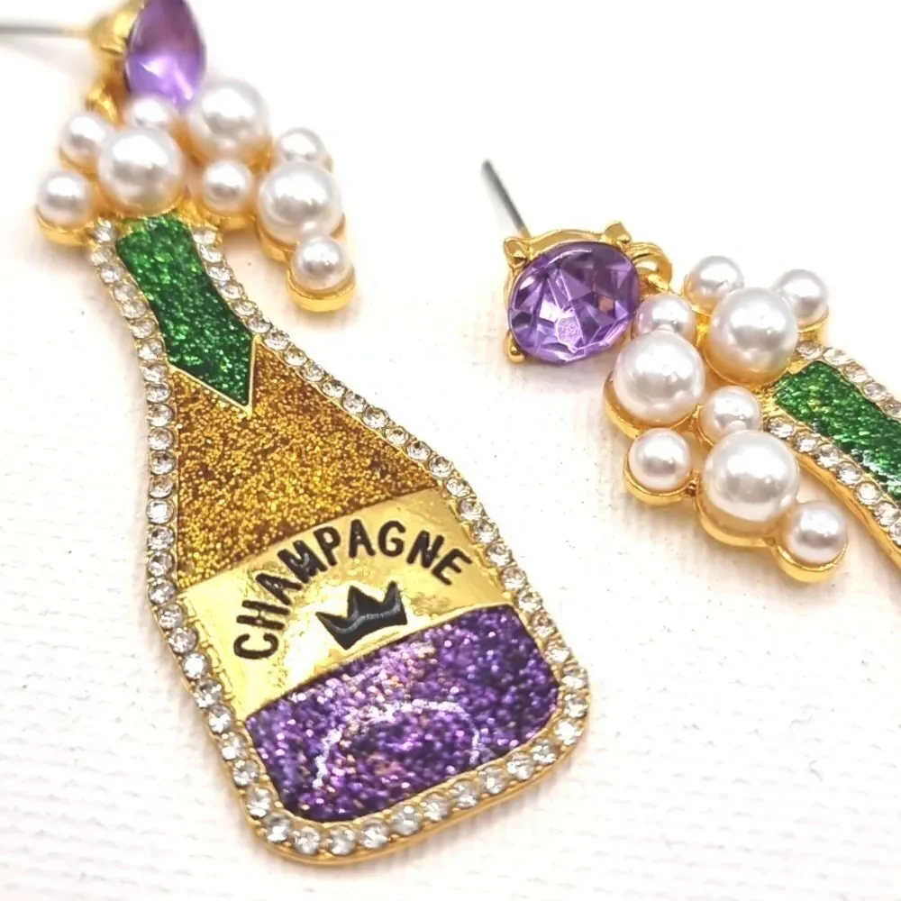 Mardi Gras Chamagne cocktail earrings Rhinestone Pearls |  NEW